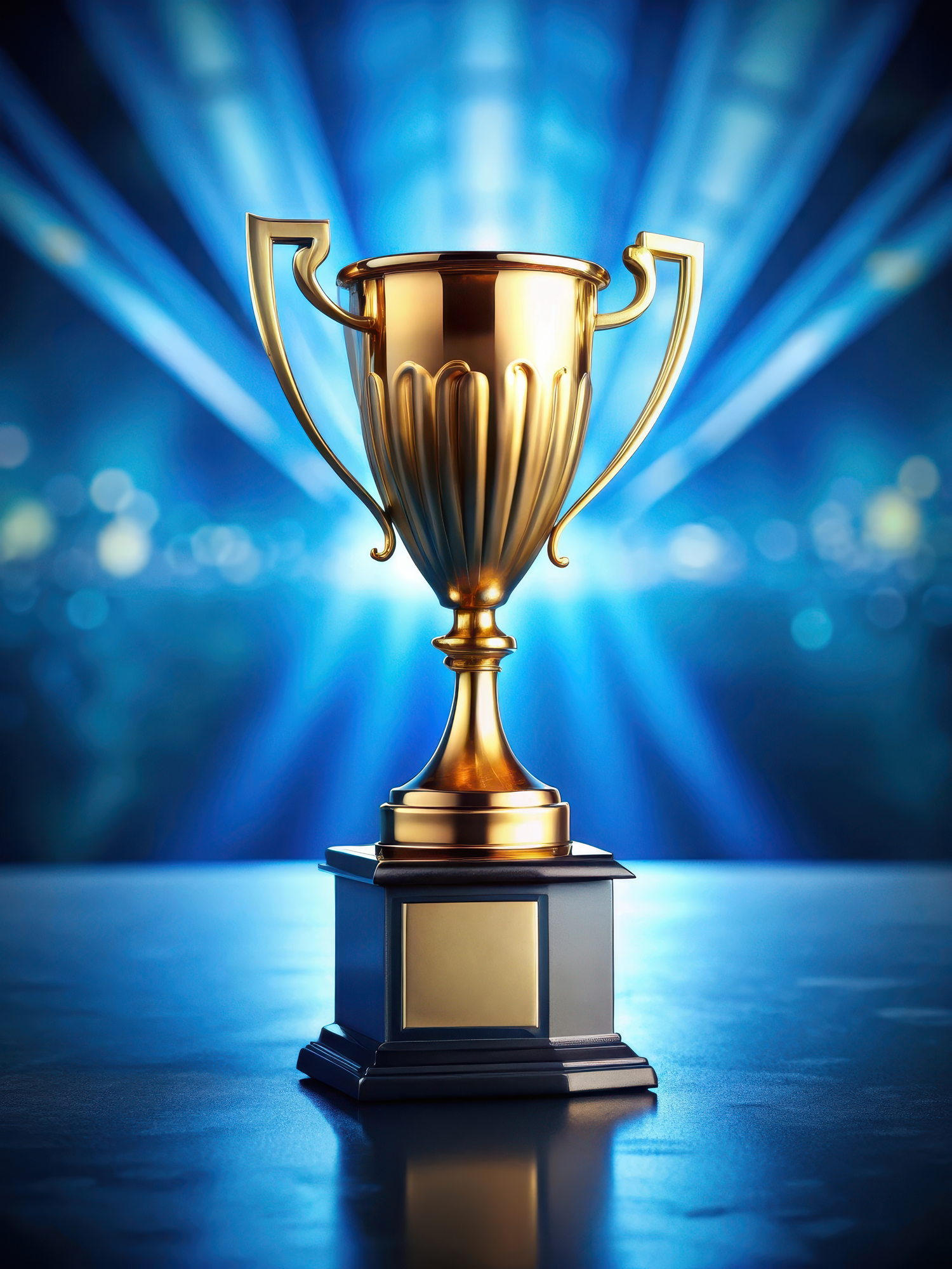 Golden trophy sits atop a sleek blue pedestal Golden trophy sits atop a sleek blue pedestal
